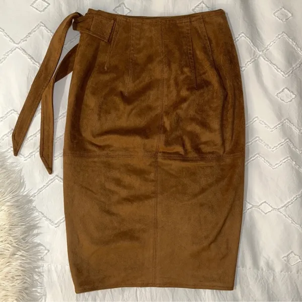 EXPRESS | Camel Faux Suede High Waisted Pencil Wrap Tie Side Grommet Ring Skirt - Image 7