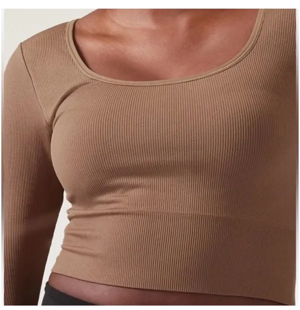 Athleta Aurora Crop Top Womens Medium Brown Seamless Ribbed Long Sleeve Shirt - Image 2