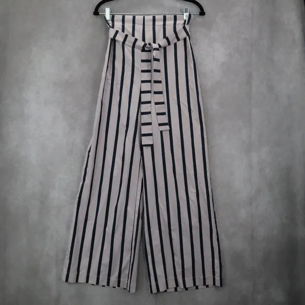 Blue Stripe‎ Belted Wide Leg Boho Pull On Straight Leg Trousers Pant S Small - Image 2