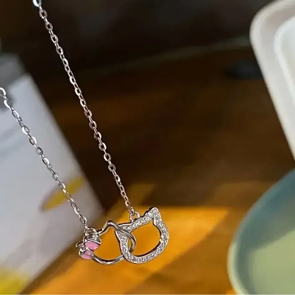 Hello Kitty Stainless Steel Silver Double Hoop Pendant Necklace - Image 2