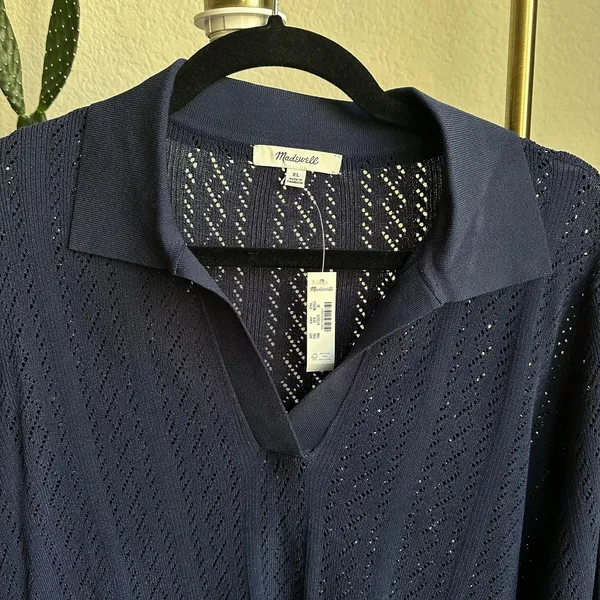 Madewell Navy Pointelle-Stitch Polo Sweater - Image 4