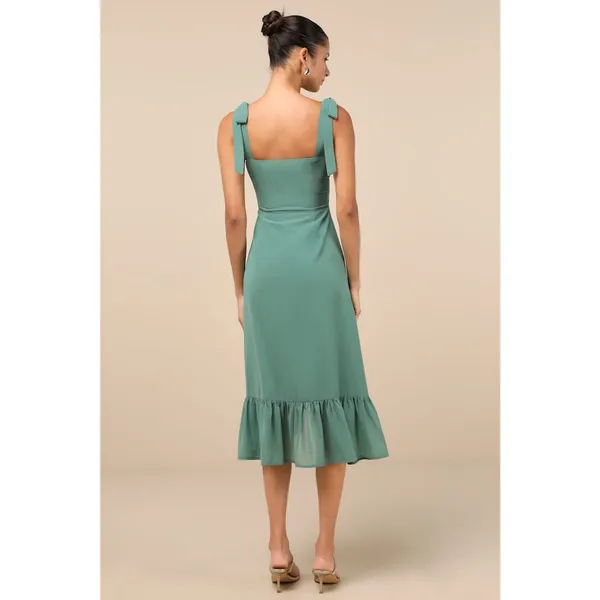 Lulus Tamryn Dark Sage Asymmetrical Ruffled Midi Dress Dance Bridesmaid Medium - Image 3