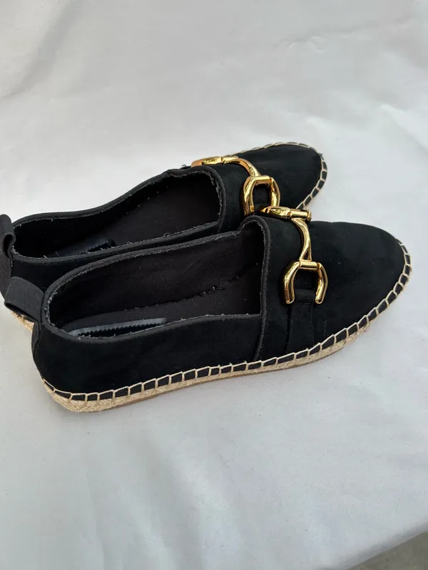 Zara Black Swede Espadrille Flats with Gold Buckle 39 - Image 6