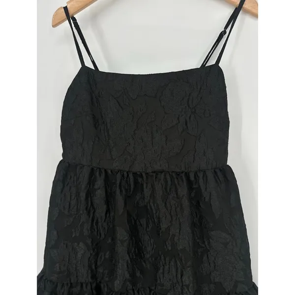 J. CREW Size 2 Floral Jacquard Strappy‎ Tiered Mini Dress Black Party Holiday - Image 3