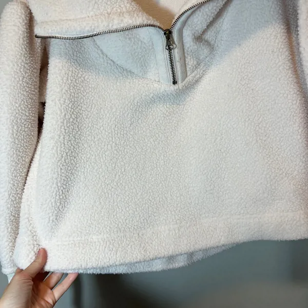 Free People Women's Sherpa Fleece Quarter Zip Pullover Cream White Cropped Small - Image 5