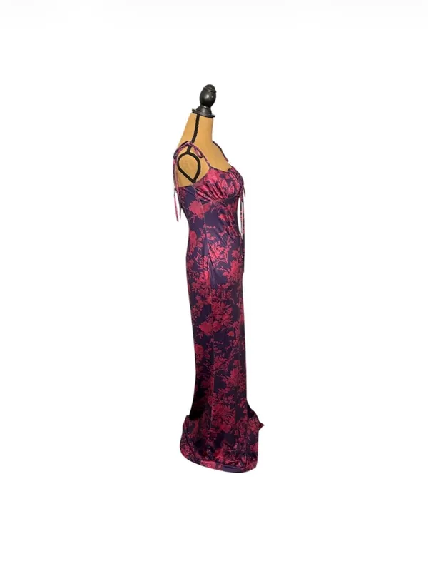 Marthea Floral Mermaid Maxi Dress M Purple Pink Bodycon Y2K Slip Spaghetti Strap - Image 4