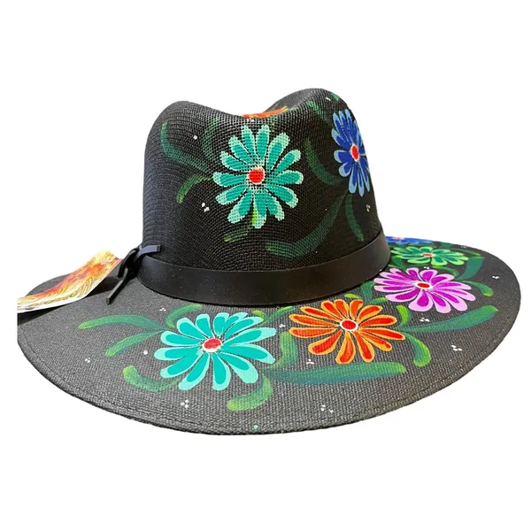 HAT MEXICAN Artisanal Hand Painted Fedora Floral Sombrero Panama Bohemian Black - Image 7