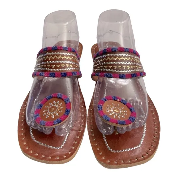 Kolhapuri Chappals Hand Embroidered Leather Flat Sandals Toe Ring 9 Brown - Image 4