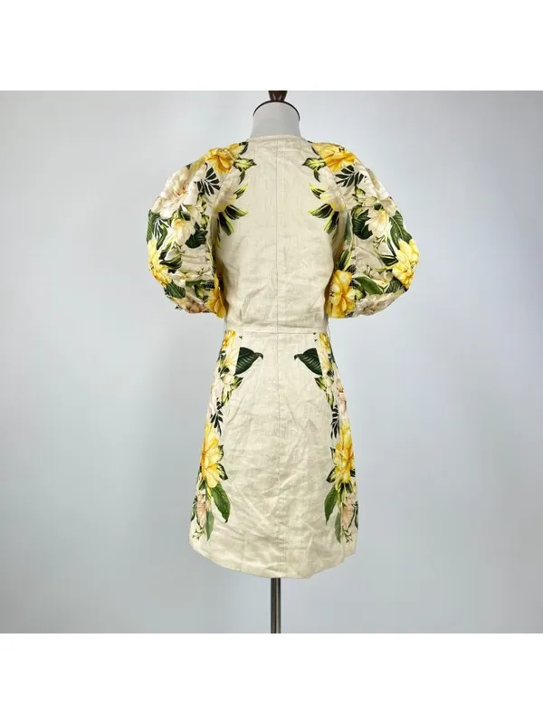 NWOT Farm Rio Linen Sand Garden Cascade Puff Sleeves Mini Dress Size M - Image 8