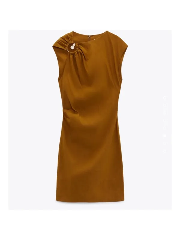 New Zara One-Shoulder Brown Mini Dress with Ring Detail Vacation Linen - Image 3