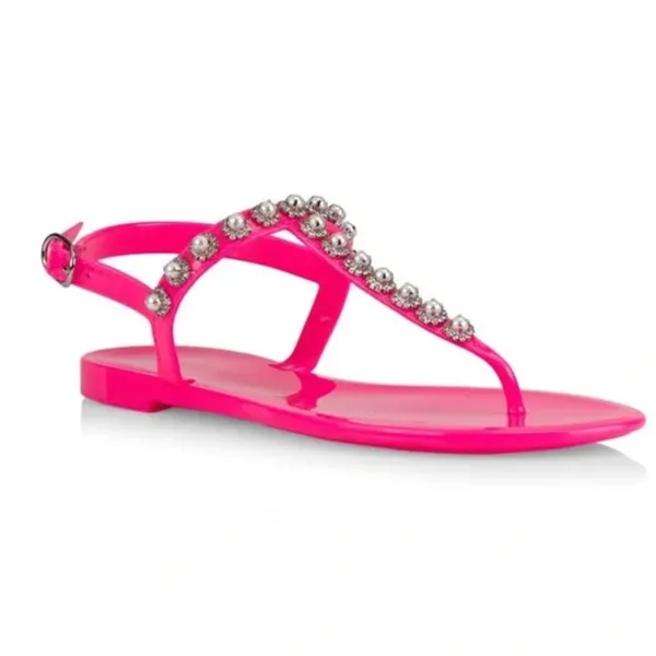 NEW STUART WEITZMAN Pearl Crystal-embellished Jelly Thong Sandals In Neon Pink - Image 2