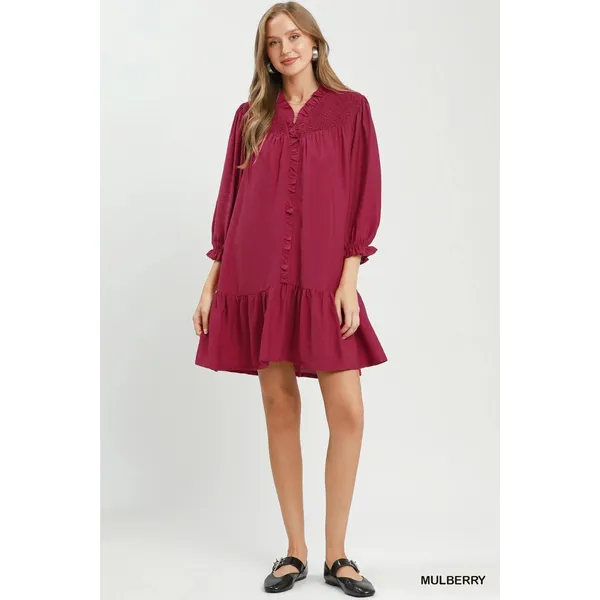 Umgee Smocked Ruffle Detail Tiered Mini Dress - Mulberry‎ - Small - Image 4