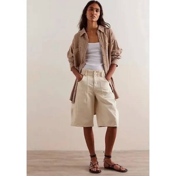 Free People Large Freddie Menswear Oversized Shirt Jacket Shacket Neutral Plaid - Image 10