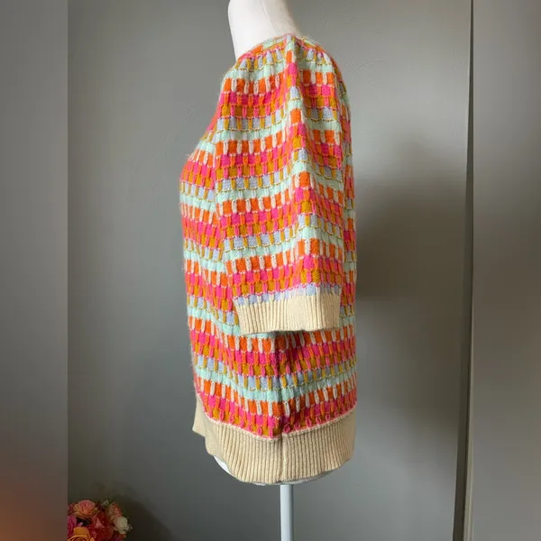 THML Colorful Ribbed Knit Quarter Sleeve Sweater Multicolor Neon Pink Orange - Image 3