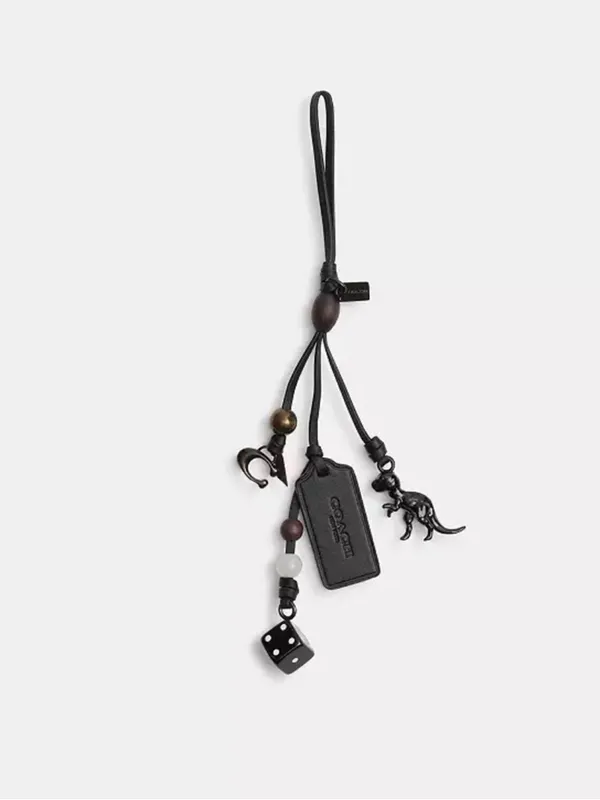 Coach Heritage Black Leather Loop Charm Keychain with Beads, Rexy Dinosaur, Dice - Image 2