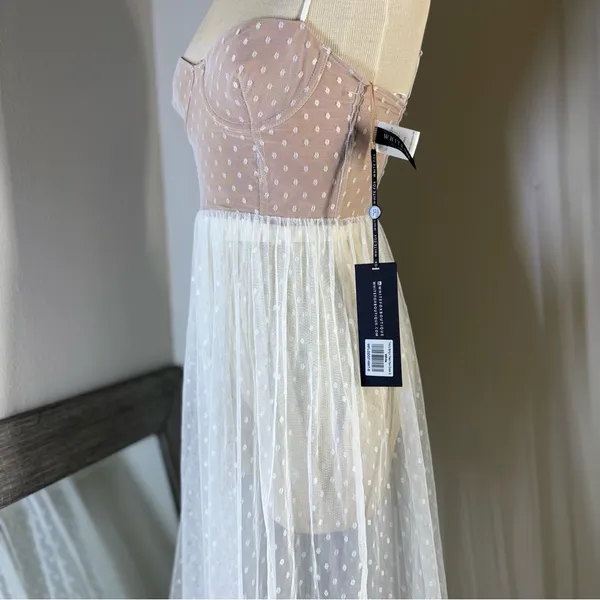 White Fox Boutique Strapless maxi sheer Dress in Pink and White - Image 8