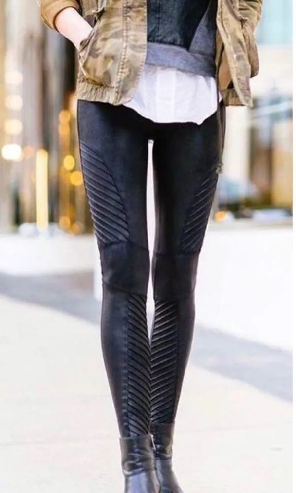 Spanx Faux Leather Moto Leggings Black Shiny Biker Motorcycle Edgy Skinny Pants - Image 3