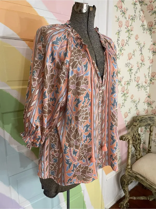 Omika Cala Blouse in Nitara Peach Peasant Boho Tassel Sz M 💛🎀 - Image 4