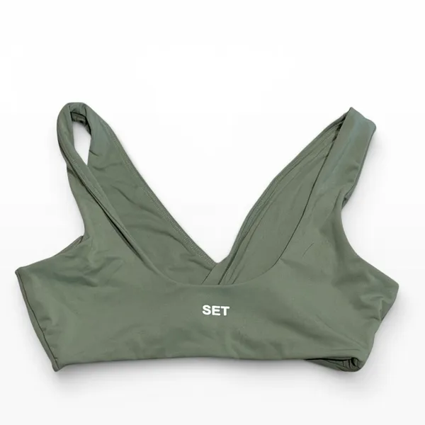SET Active AirLuxe‎ Wrap Front Sports Bra Sage Green Olive Size Medium Yoga - Image 2