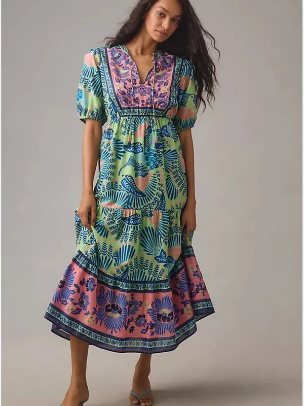 Farm Rio Short Sleeve Tiered Floral Midi Dress in Size Small Anthropologie - Image 2