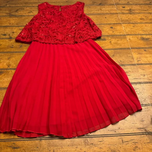 Sparkles & Swirls Red Sequin Lace Cap Sleeve‎ Pleated Dress Girls Size XS - Image 5