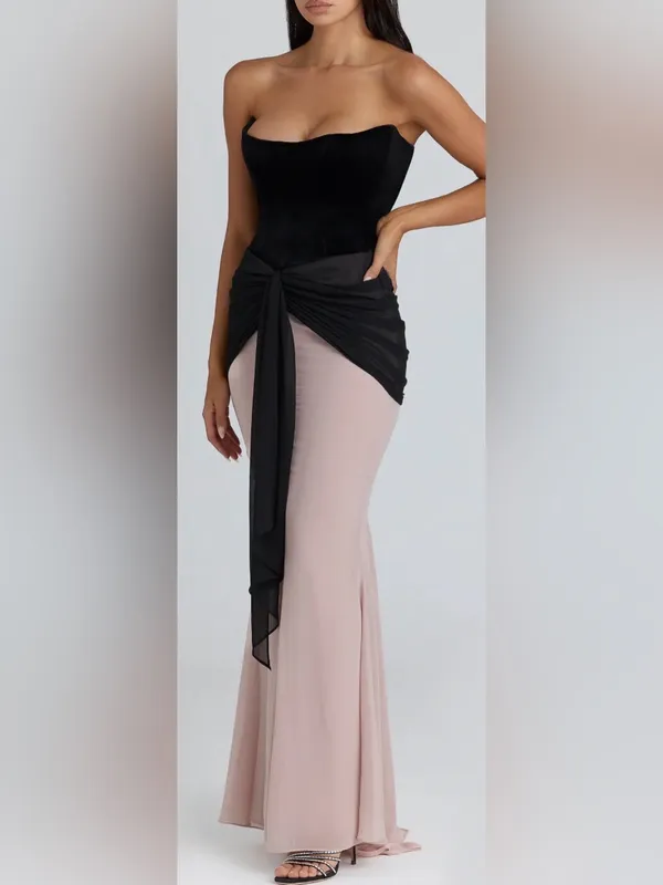 NEW House of CB CLARA Black and Blush Chiffon Strapless Maxi Dress Size S - Image 2