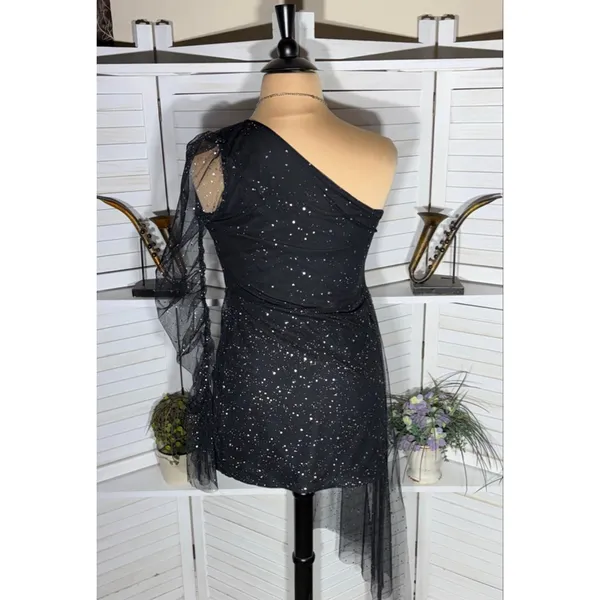 Shein mini dress black sparkle one shoulder sheer cocktail glam whimsigoth sz 1X - Image 2
