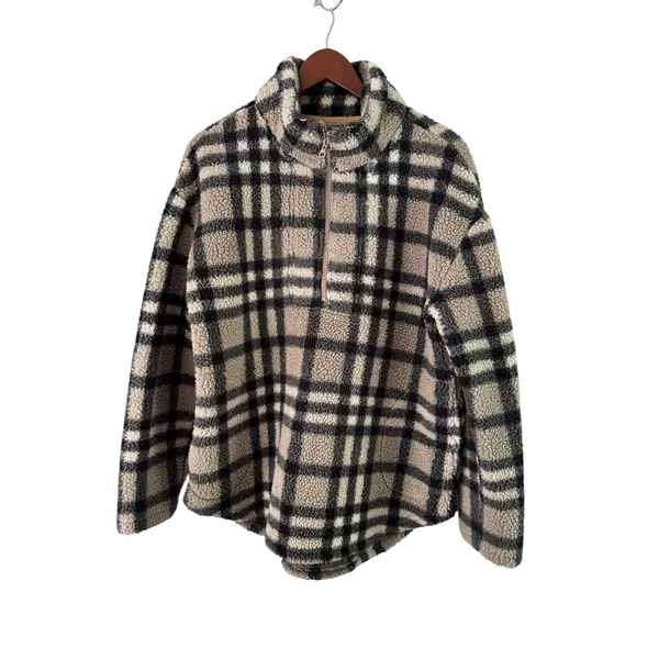 Koolaburra‎ by UGG Plaid Fleece Pullover Quarter Zip Jacket Women's Medium Tan - Image 7