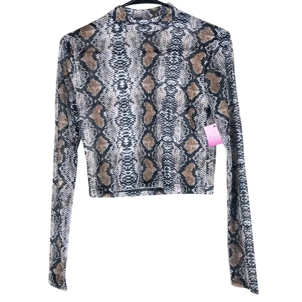 NWT Womens Y2K Mesh Snakeskin Crop Top Brown Mock Neck Sheer Long Sleeve Size M - Image 4