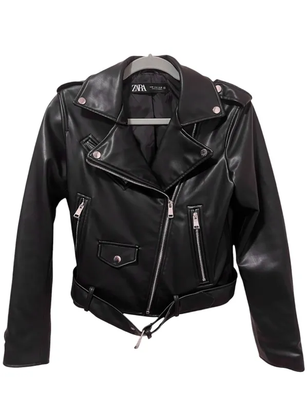 Zara Faux Leather Belted Biker Jacket M Black - Image 3