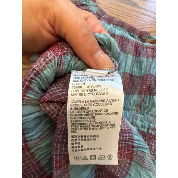 Free‎ People Turquoise Burgundy Plaid Smocked Off Shoulder Peplum Top XS - Image 5