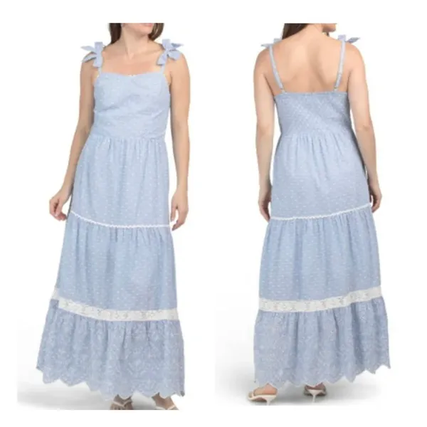 Shabby Chic Maxi Dress‎ Size 12 Blue White Striped Eyelet Lace NWT Cottagecore - Image 2