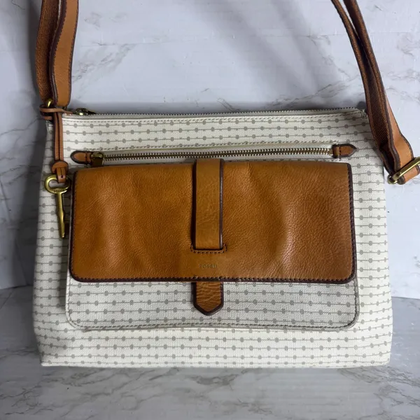 Fossil kinley Women's Crossbody Bag Key Pattern Canvas Leather Trim Cream Brown - Image 2