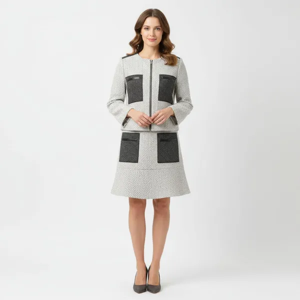 Ann Taylor SET Gray Woven Collarless Parchwork Jacket & Skirt NEW - Image 12