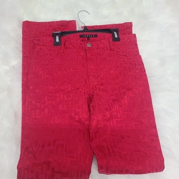 Theory Jeans Straight‎ Leg Geometric Red Denim Size 6 - Image 12