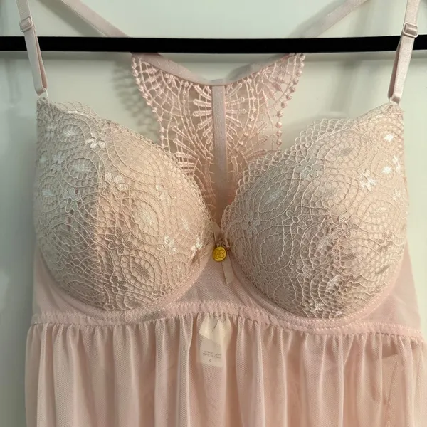 Jessica Simpson Peach Coral Pink Lace Chemise Slip with matching Panties L-36C - Image 2