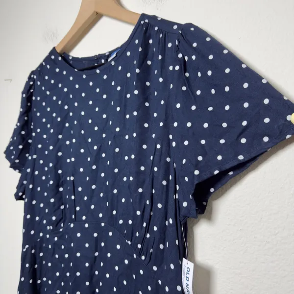 NEW Old Navy Women Crepe Mini Dress Large Navy Polka Dot Short Sleeve Pockets - Image 9