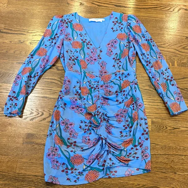 ASTR the Label Blue Floral V-Neck Ruched Women's Dress, ruffles, xS - Image 2