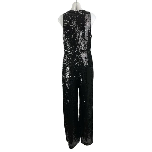 If By Sea Women's Black Sleeveless Sequin Tie Plunging V-Neck Romper Jumpsuit L - Image 3