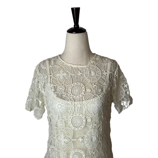 Ralph Lauren Crochet Lace Dress Women Medium Ivory Short Sleeve Shift Mini Retro - Image 4