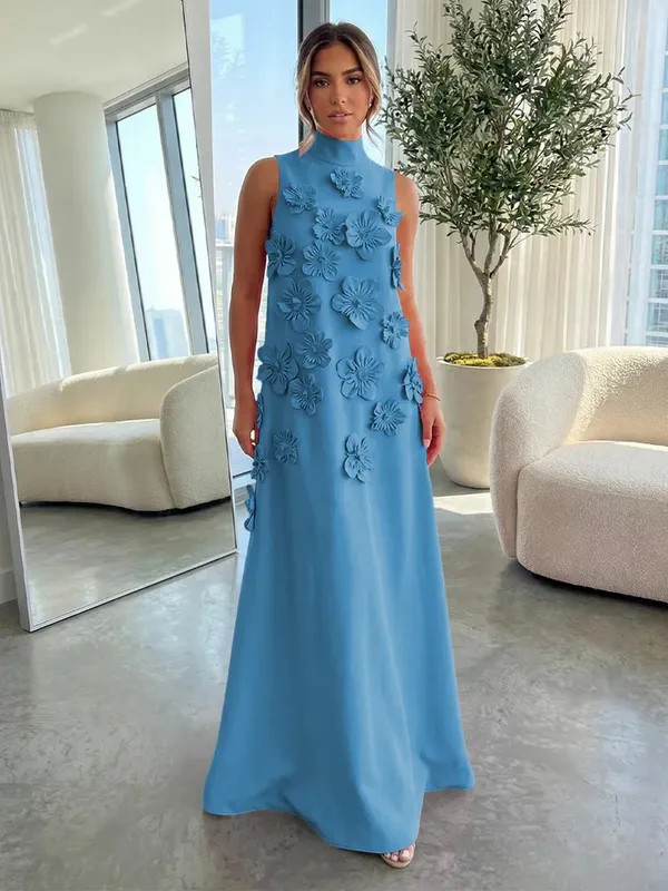 A Line High Neck Sleeveless Floor Length Stretch Crepe Dress With 3D Flowers - Image 2