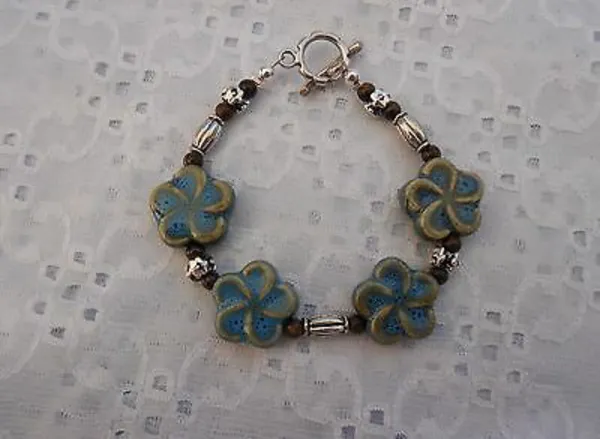Handmade NEW! Earthy Beaded Toggle Bracelet W Ceramic Flower Beads 7.25” - Image 4
