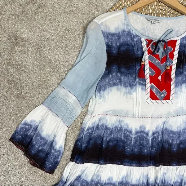 John Mark Ombre Tie Dye Tiered Blouse Tunic Peasant Tassel Artsy Bell Sleeve M - Image 4