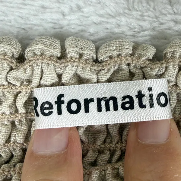 Reformation Oatmeal Beige‎ 100% Linen Smocked Puff Sleeve Mini Dress Size S - Image 2
