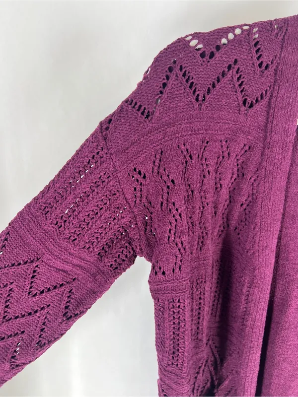 Hooked Up Cozy Cardi Winter Bloom Purple Pointelle Open Front Cardigan S NWT - Image 4