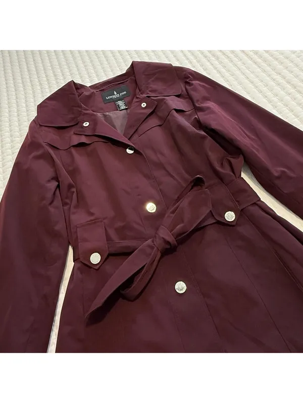 London Fog Burgundy Belted Collared Trench Coat Sz L Large Missing The Hood - Image 13