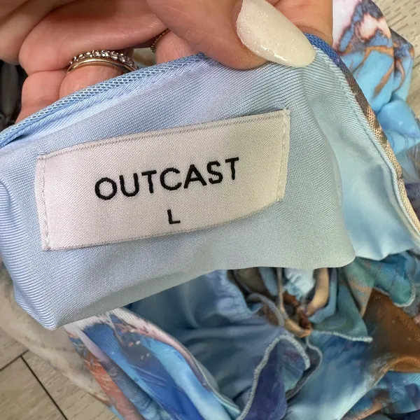 Outcast vacation beachy long sleeve sheer sexy crop mesh‎ blue patterned top L - Image 4