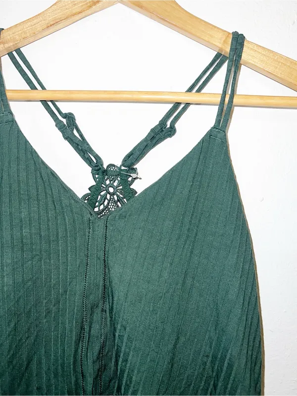 Aerie Dark Green Ribbed Lace-Back Floral Cami Crop Top - Image 2