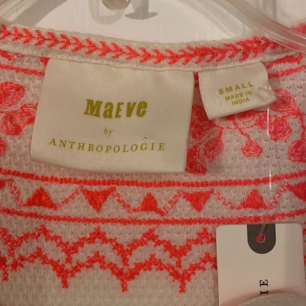 Anthropologie Maeve Louisa Cream Bohemian Long Sleeve Top with Coral Embroidery - Image 6