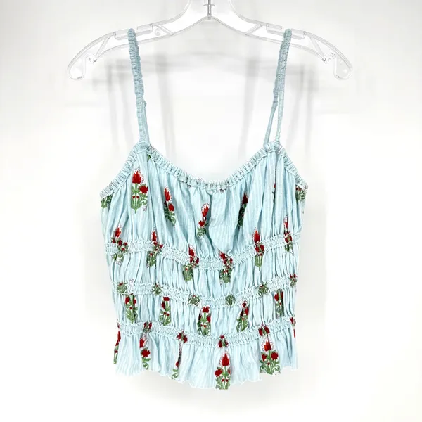 We The Free Dolce Vita Tank Top Women L Blue Floral Smocked Boho Cottage Coastal - Image 2